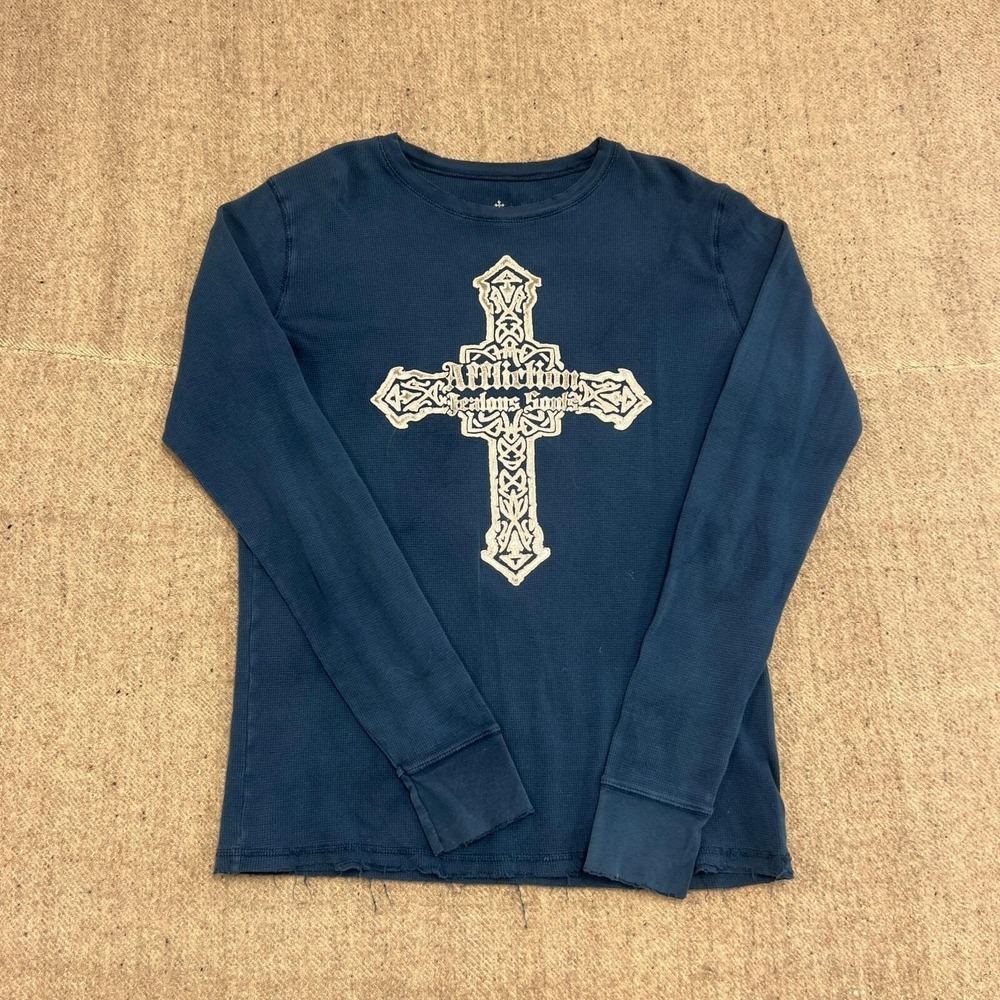 Affliction Thermal Shirt Mens Large Blue 2000s Y2K Cross Grunge